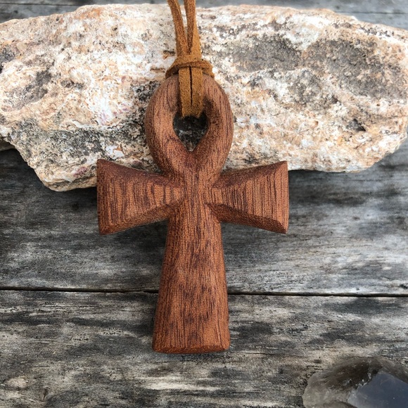 Hand-Carved Mahogany Wooden Ankh Necklace - Picture 4 of 9